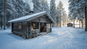 Traditional Finnish log cabin in snowy forest clearing