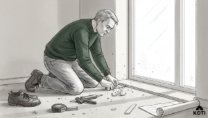 Omistaja tarkistaa puun ja betonin liitoksen kuntoa