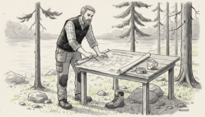 Mies suunnittelee saunamökin perustuksia pihamaalla