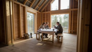 Familjen går igenom byggplanerna tillsammans i sommarstugan.