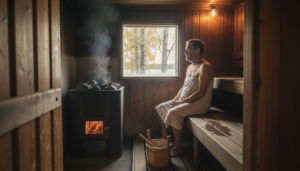 Finnish man resting in traditional sauna interior