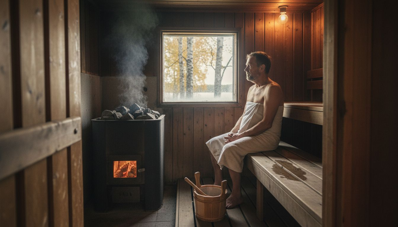 Finnish man resting in traditional sauna interior