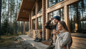 Ein finnisches Blockhaus mit einem Paar, das entspannt auf der Veranda sitzt.
