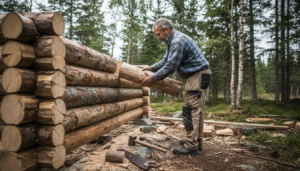 Snekker i full gang med å sette opp en tradisjonell norsk tømmerhytte.
