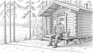 Mies nauttii perinteisen hirsisaunan löylyistä järven rannalla.