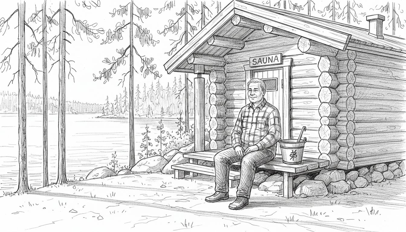 Mies nauttii perinteisen hirsisaunan löylyistä järven rannalla.
