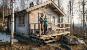 Et par nyter utsikten fra terrassen til en koselig hytte i fjellheimen.