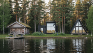 Row of Finnish cottages beside quiet forest lake