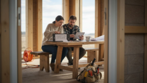 Ein Paar bespricht die Finanzierung ihres Hauses, während der Rohbau aus Holz noch nicht fertiggestellt ist.