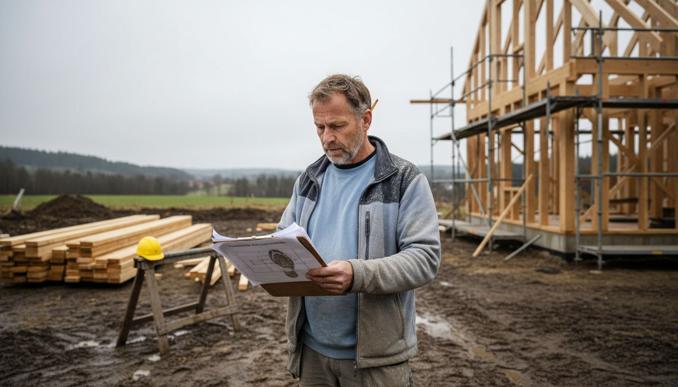 Platschefen för träbyggnationen går igenom ritningarna ute på byggarbetsplatsen.