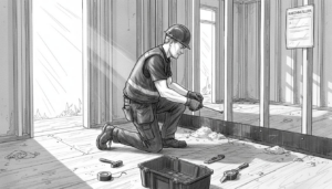 Rakennustyöntekijä tarkistaa puurunkoisen talon kosteuden varalta.