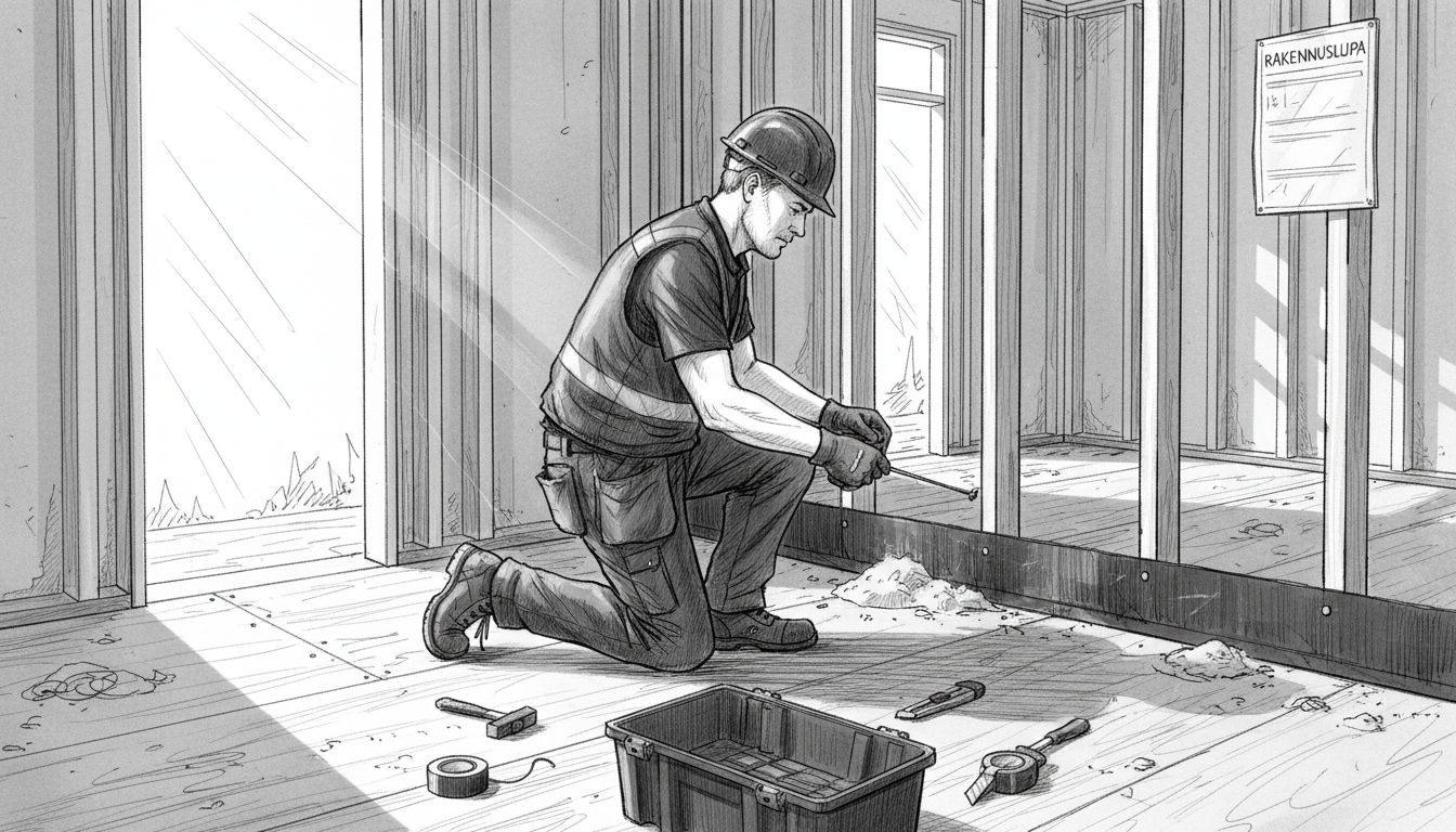 Rakennustyöntekijä tarkistaa puurunkoisen talon kosteuden varalta.