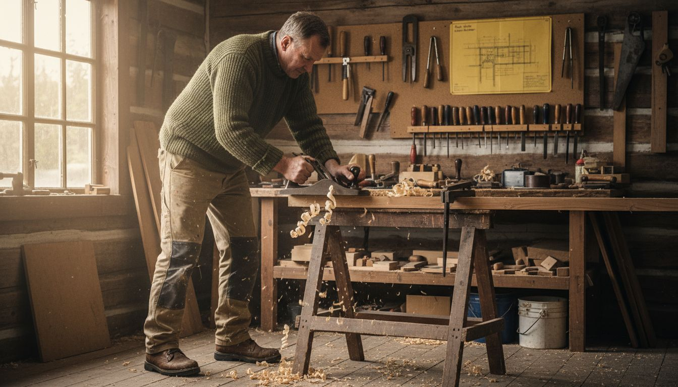 Finnish carpenter shaping timber inside workshop