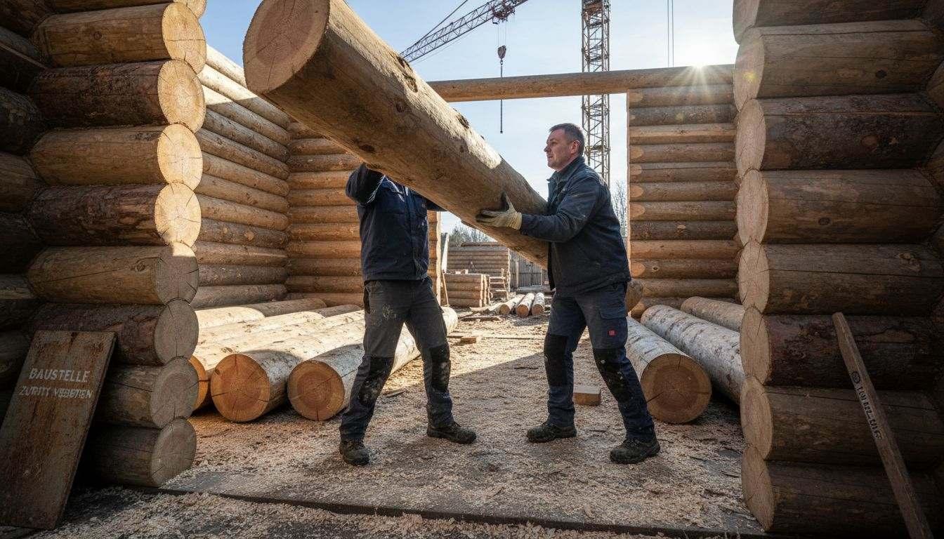 Ein Handwerker montiert einen Holzbalken im Rohbau eines Holzhauses.