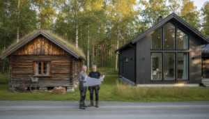 Charmig stuga och villa vid en liten grusväg i skogsbrynet – byggarbetare på plats