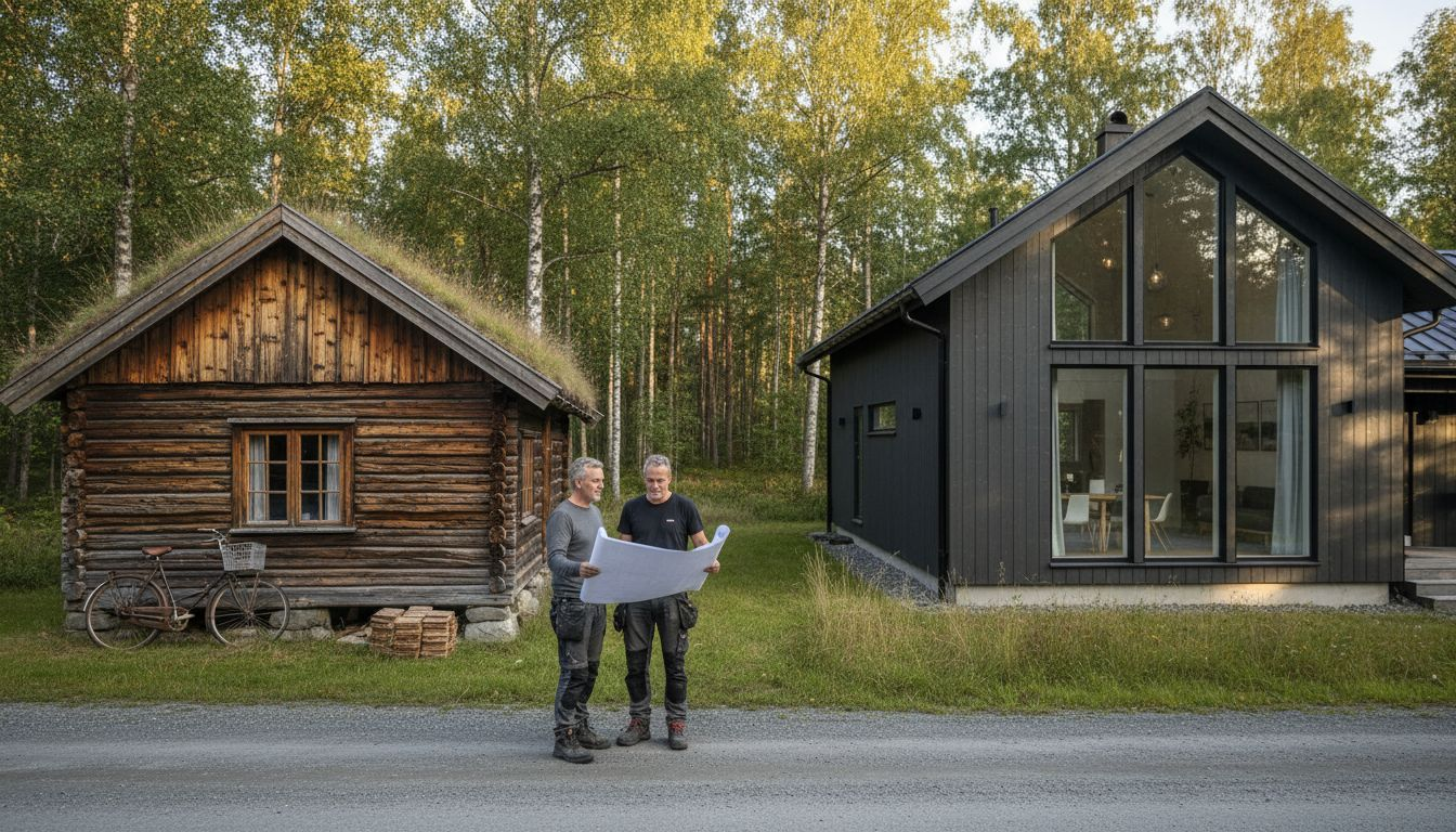 Charmig stuga och villa vid en liten grusväg i skogsbrynet – byggarbetare på plats