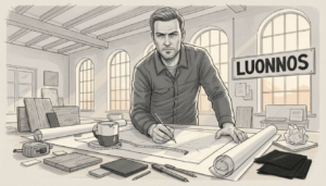 Arkkitehti suunnittelee rakennushanketta suurten piirustusten äärellä.