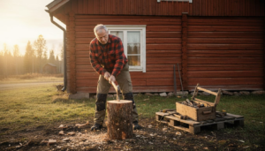 En hantverkare bearbetar en timmerstock vid bygget av ett traditionellt finskt timmerhus.