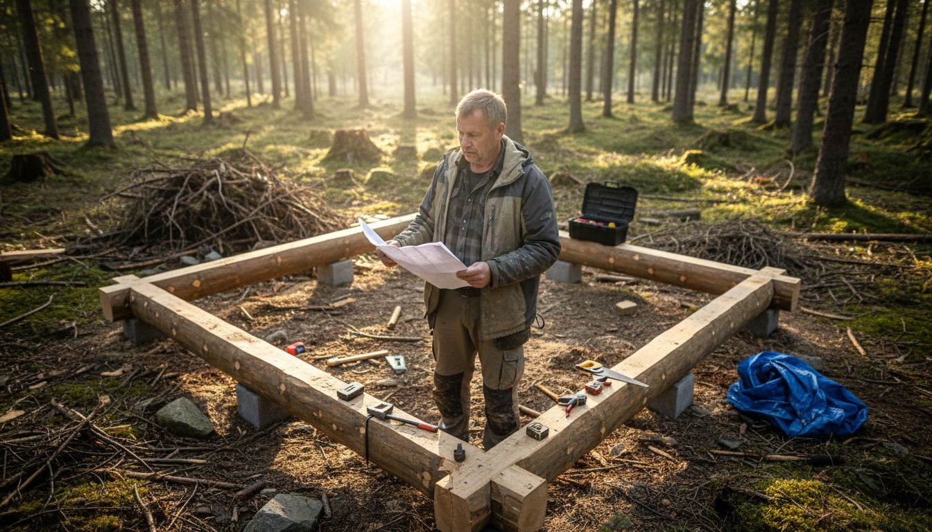 Setter opp en tømmerhytte midt i den norske villmarken
