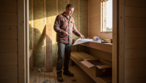 Sauna builder prepares wood and insulation materials
