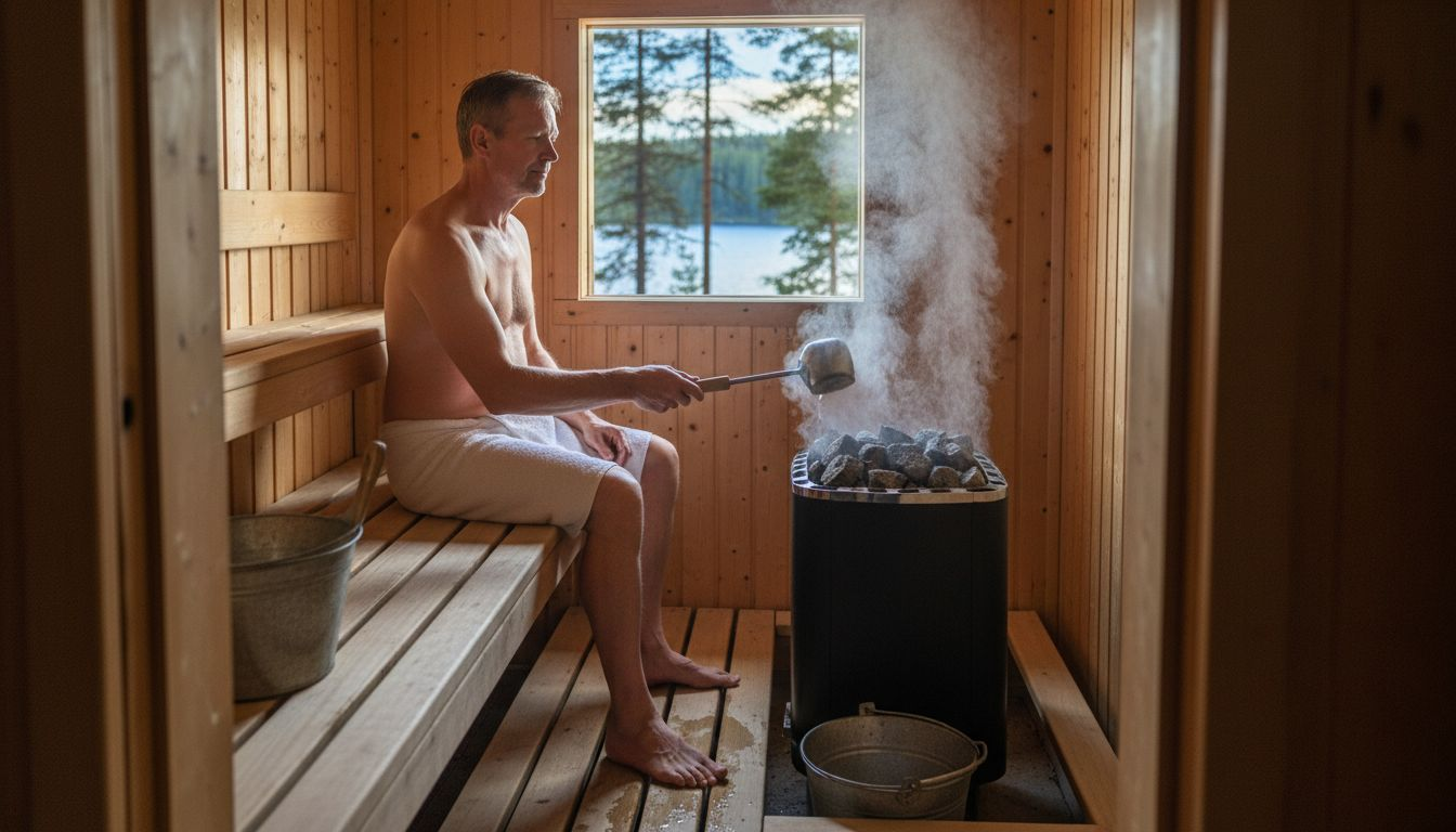 Ein Mann genießt die wohltuende Wärme einer traditionellen finnischen Holzsauna und lässt dabei entspannt die Seele baumeln.