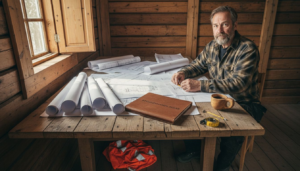 En arkitekt går igenom bygglovshandlingarna för ett timmerhus.