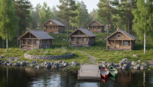 Finnish log houses on forested lakeshore