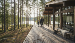 Finsk villa med fasade i tre og store glassflater