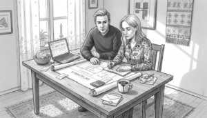 Pariskunta suunnittelee yhdessä hirsitaloprojektin budjettia