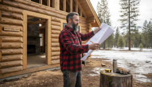 Builder reviews plans outside log cabin for sauna