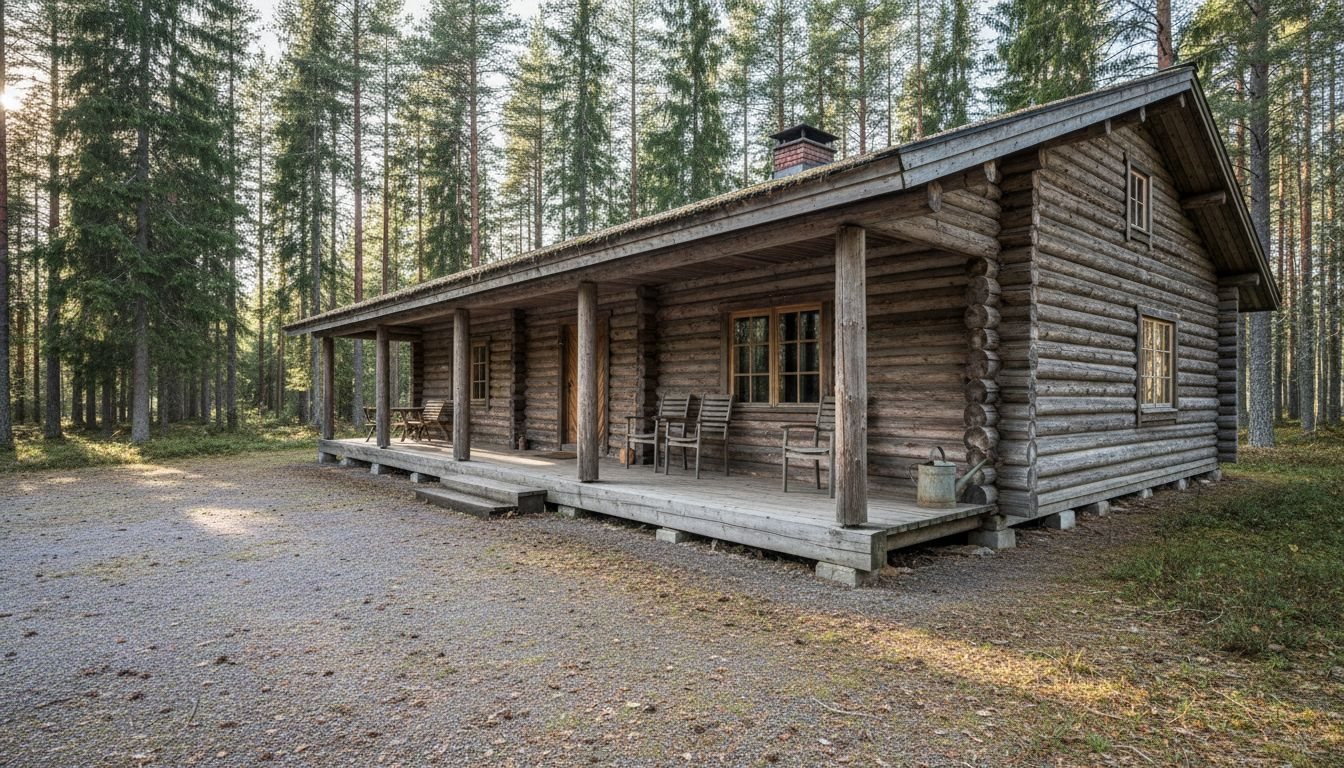 Charmigt finskt timmerhus intill skogen med en inbjudande veranda