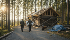 Bygging av hytte med arbeidsfolk ute i det norske skoglandskapet