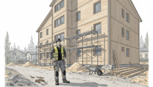 Rakennusmies työskentelemässä puutalon kupeessa