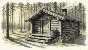 Hämärtyvässä metsässä seisoo vanha hirsisauna – juuri sellainen, jossa suomalainen mieli lepää.