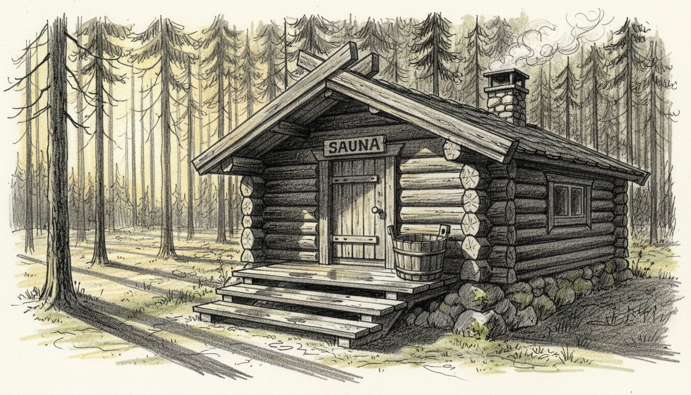 Hämärtyvässä metsässä seisoo vanha hirsisauna – juuri sellainen, jossa suomalainen mieli lepää.