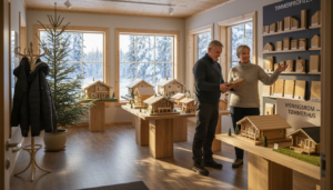 Et par på visning sammen med en selger i et finsk laftehytte-showrom