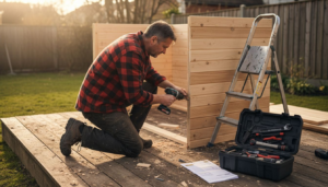 Ein Mann baut im eigenen Garten eine Sauna zum Selbstaufbau zusammen.
