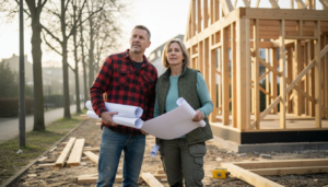 Couple at timber home construction site
