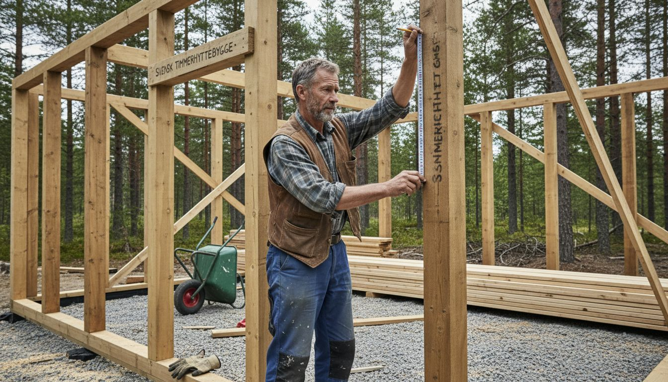 En man mäter upp virke vid en byggarbetsplats för en svensk fjällstuga.