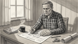 Mies hahmottelee uuden hirsitalon suunnitelmia kotitoimistossaan.