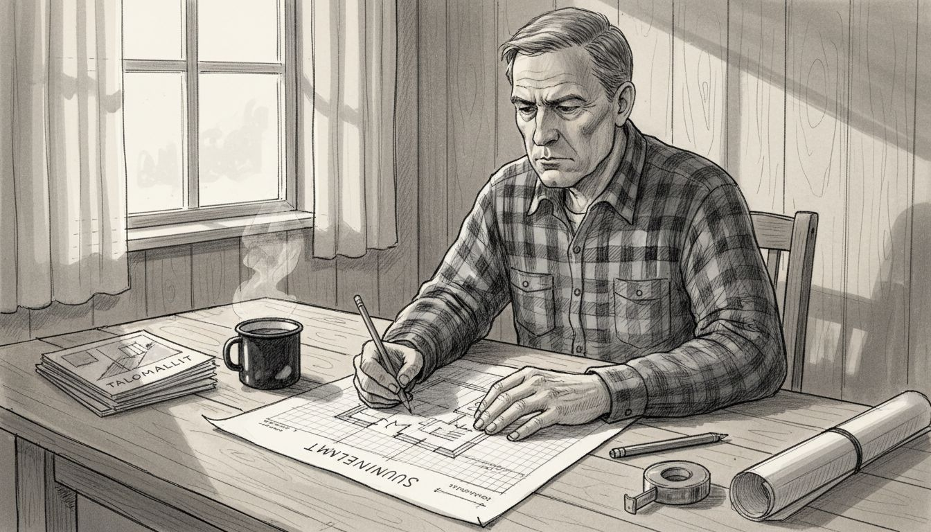 Mies hahmottelee uuden hirsitalon suunnitelmia kotitoimistossaan.