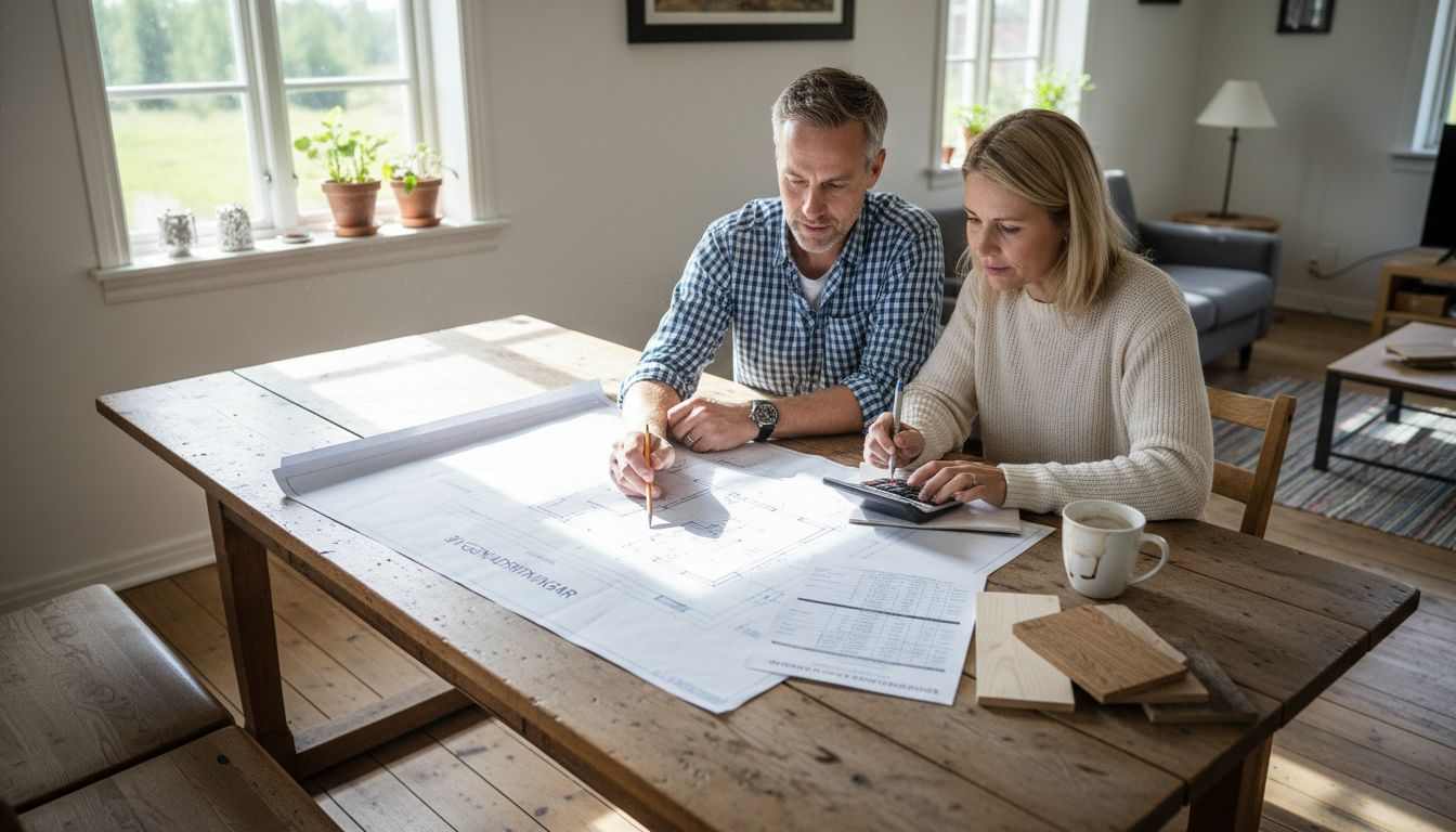 Ett par går igenom ritningarna och diskuterar kostnaderna för sitt planerade fritidshus.