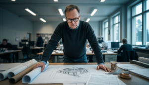 Architect reviewing Finnish building permit documents