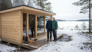 Moderne badstue i laftet tømmer ved vannkanten, med et par som nyter utsikten utenfor.