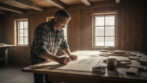In einem Holzatelier entwirft ein Architekt Skizzen für ein Blockhaus.