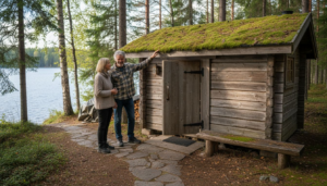 Couple outside Finnish lakeside sauna cottage