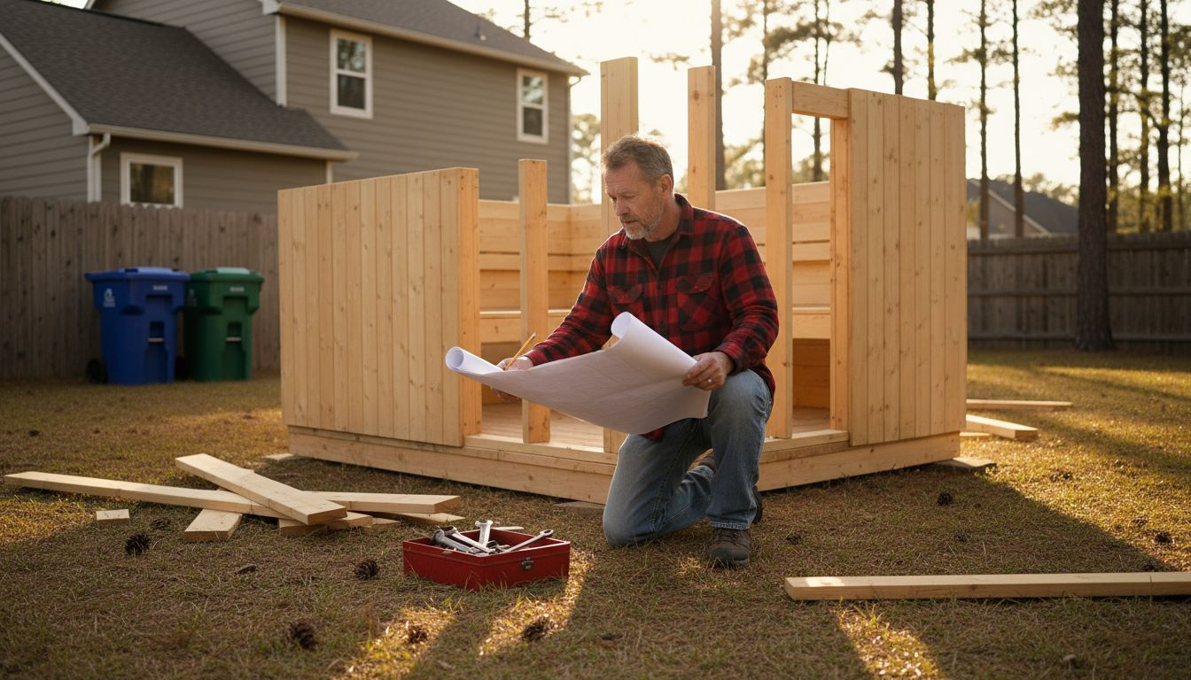 Man reviewing plans by wooden Finnish sauna under construction