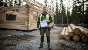 Byggmester med tømmerhytte under oppføring på byggeplassen