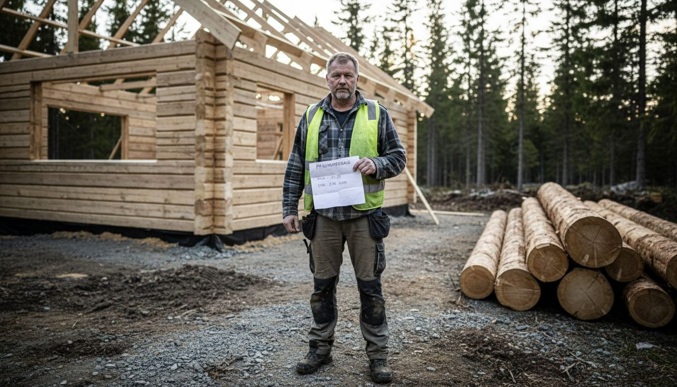 Byggmester med tømmerhytte under oppføring på byggeplassen