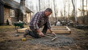 Man prepping outdoor sauna foundation site